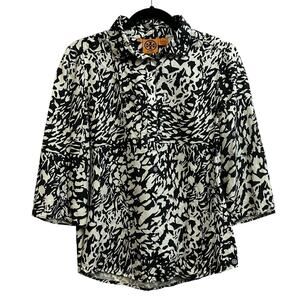 Tory Burch Black & White 100% Silk Double T Logo Tunic Shirt Size 6
